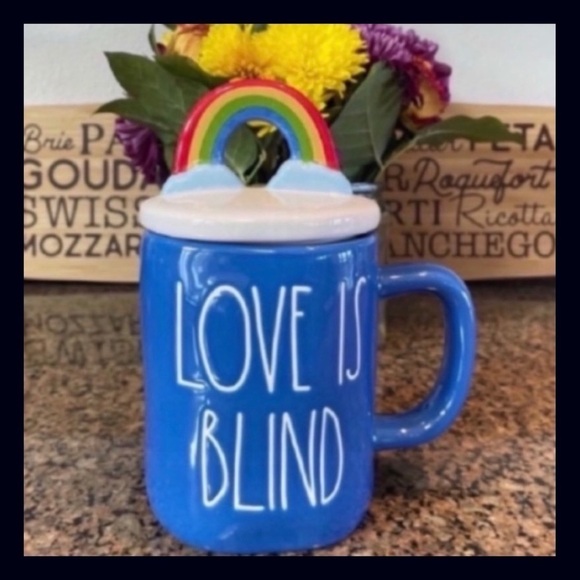 Rae Dunn LOVE IS BLIND Blue Ceramic Mug With Rainbow Figural Topper Pride 2021 - Picture 2 of 9